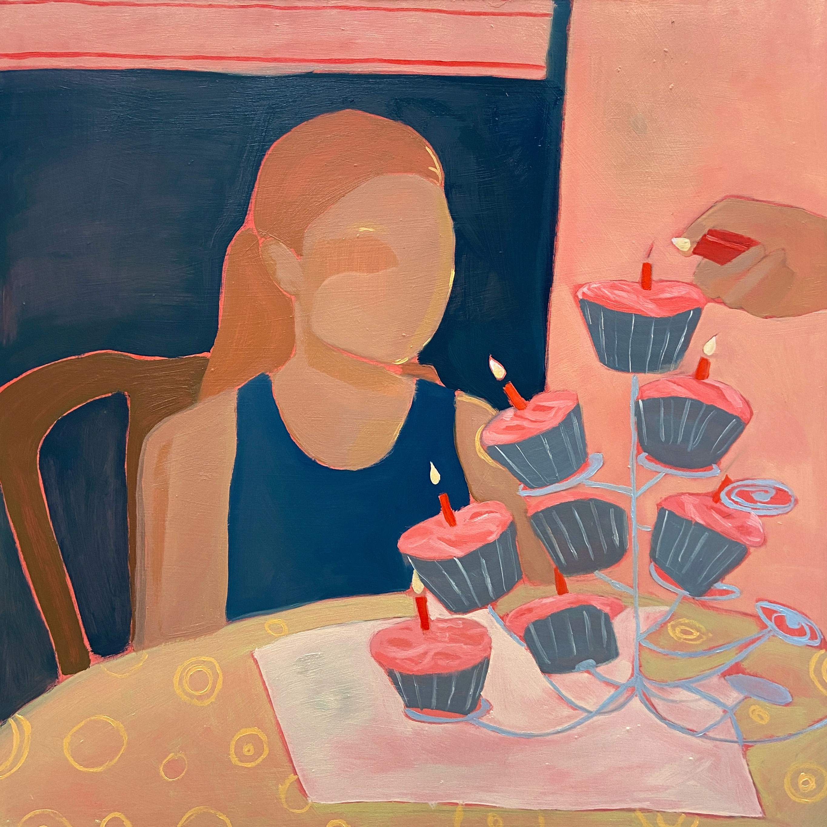 Painting of someone sitting at a table with a display of cupcakes with lit birthday candles in each.
